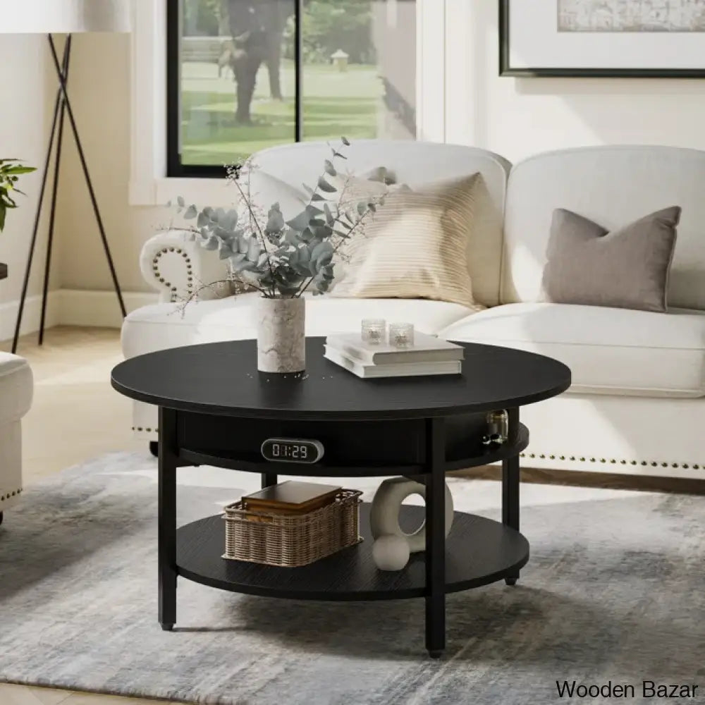 Wynny Wood Round Lift-Top Small Coffee Table Storage Cocktail Black