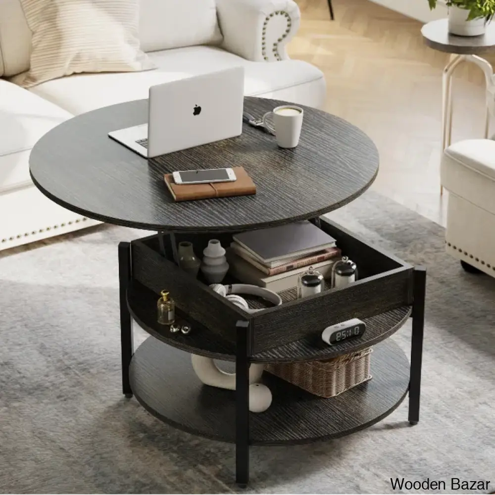 Wynny Wood Round Lift-Top Small Coffee Table Storage Cocktail Dark Gray