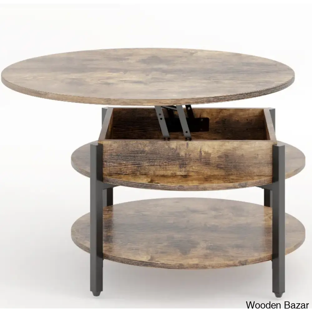 Wynny Wood Round Lift-Top Small Coffee Table Storage Cocktail Natural