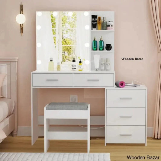 Zareer Large Vanity Dressing Table With Lighted Mirror And Stool Charging Station White