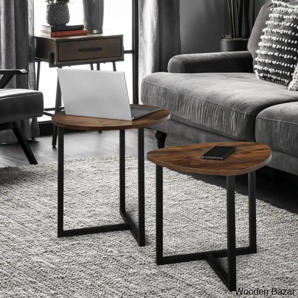 Zenin Modern 2 Piece Nesting Coffee And Center Table Set With Wood Grain Top Metal Legs