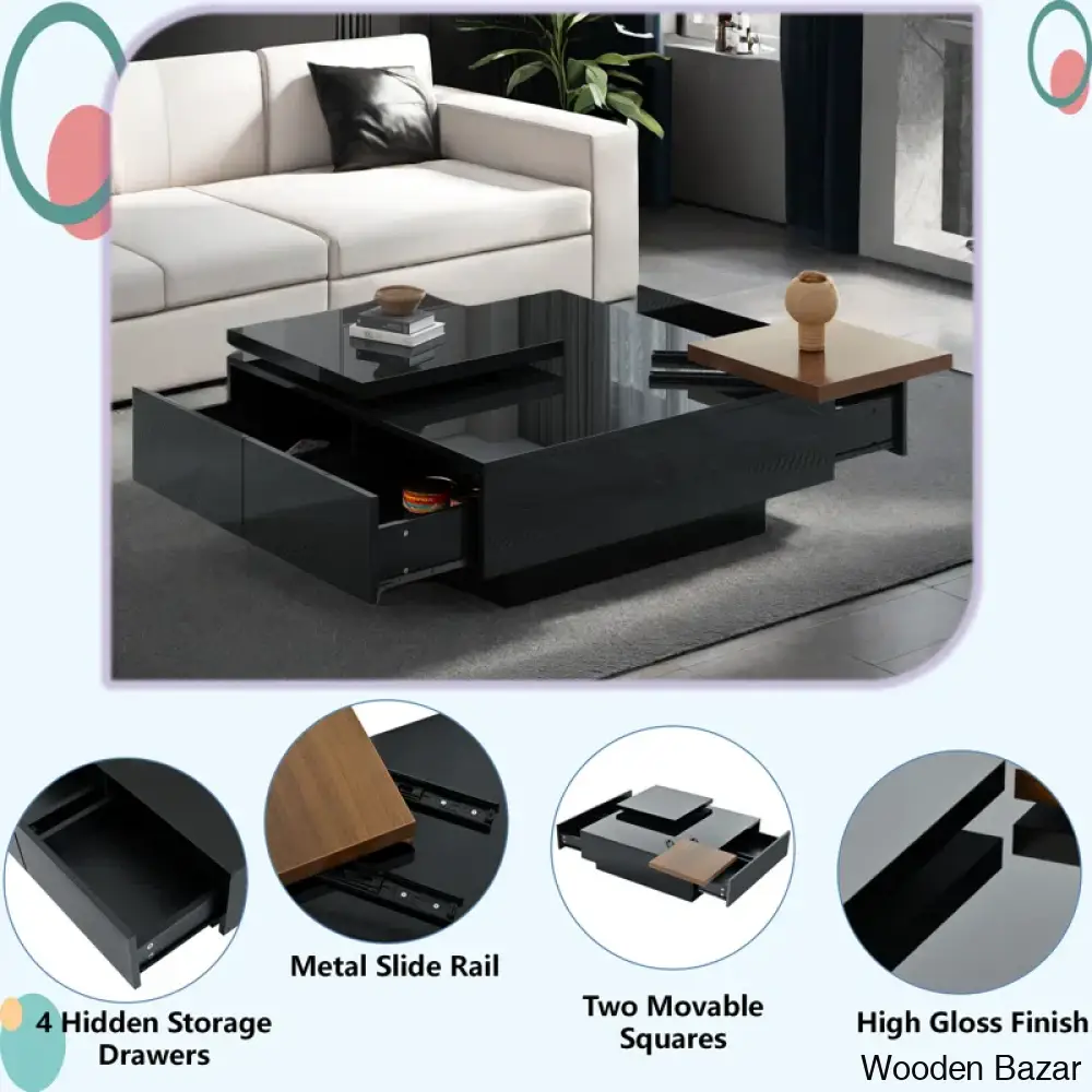 Zhanatw High Gloss Coffee And Center Table With Two Top Moving Blocks Four Storage Drawers