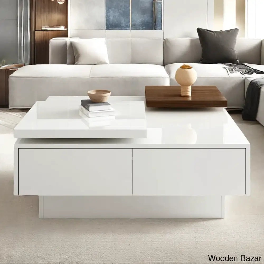 Zhanatw High Gloss Coffee And Center Table With Two Top Moving Blocks Four Storage Drawers