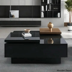 Zhanatw High Gloss Coffee And Center Table With Two Top Moving Blocks Four Storage Drawers Black