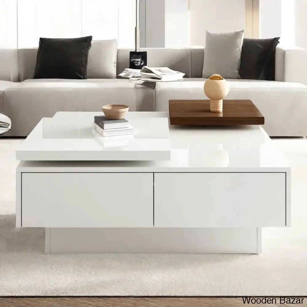 Zhanatw High Gloss Coffee And Center Table With Two Top Moving Blocks Four Storage Drawers White