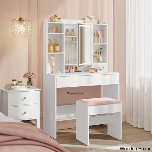 Zunen Makeup Vanity Dressing Table With Mirror And Stool Dimmable Led Lights