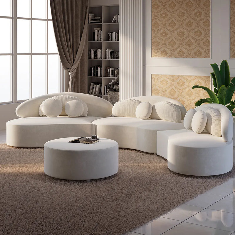 Wooden Bazar 7-Seat Sofa Round Sectional Modular Beige Velvet Upholstered with Ottoman