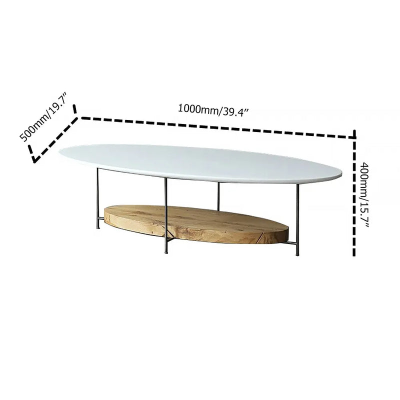 Wooden Bazar 39" Modern White & Natural Oval Coffee Table with Storage Shelf Light Wood and Metal