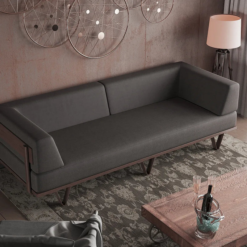 Wooden Bazar Gray & Walnut Leath-Aire 3-Seater Sofa Industrial Upholstered with Steel Frame