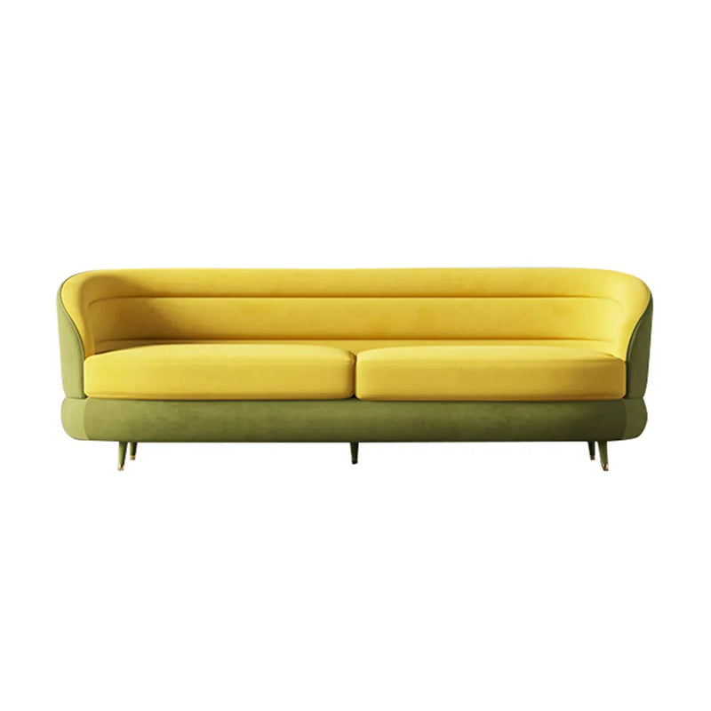 Wooden Bazar Yellow & Green Velvet Upholstered Sofa for 3 Seaters with Gold Legs