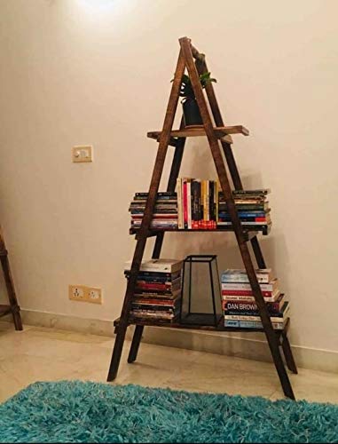 Ladder Book Shelf Bookcase Wooden Books Holder Space Classic for Home Decor and Office (3 Shelf)