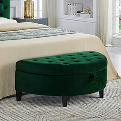 24kf velvet upholstered tufted button half moon storage bench large ottoman soft padded seat dressing shoe bench -jade