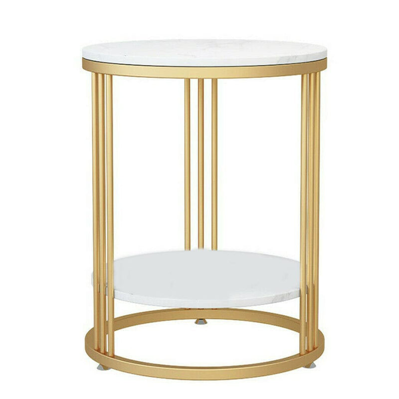 Farmhouse Accent Coffee Table Simple Modern Bedside Cabinet Small Round Table MDF Top Metal Table Living Room Sofa (Golden & White)