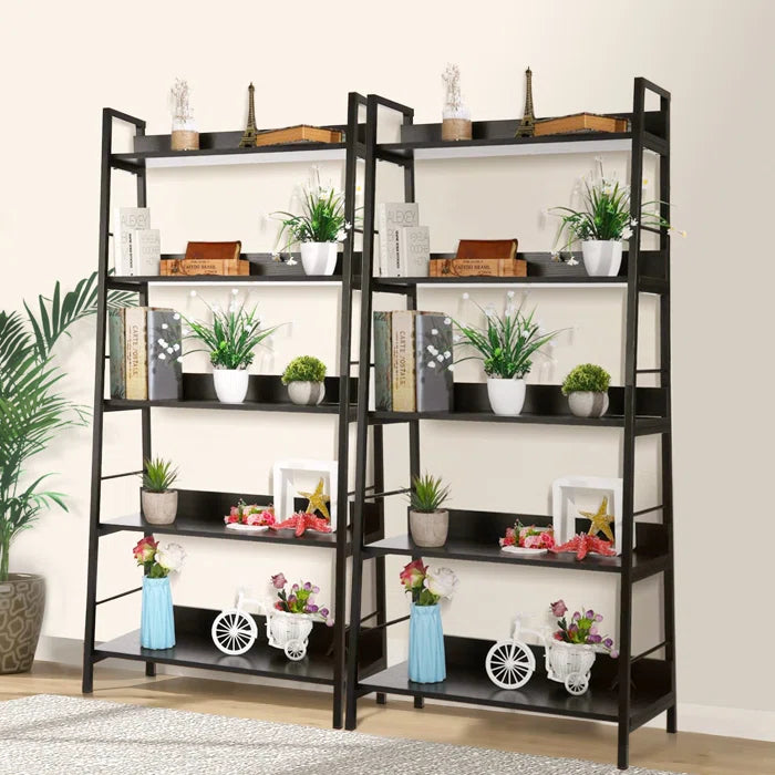 Wooden Bazar 59'' H x 28'' W 5-Tier Iron Ladder Bookcase Industrial Metal Freestanding Shelves Rack Organizer (Set of 2)