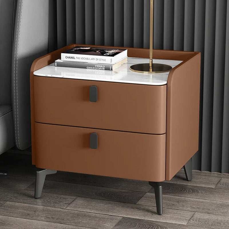 Wooden Bazar with 2 Drawers Faux Leather Bedside Table with Sintered Stone Top