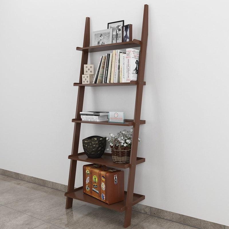 DecorNation Jasper Leaning Wall Bookcase Ladder Shelf & Room Organizer Storage Divider Wood Furniture- White