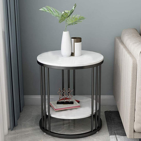 Round Coffee and Side Accent End Table for Living Room with Metal & Engineered Wood Tabletop and Metal Frame Gold Powder (Golden & White 6). (JAf387 Black White 2)