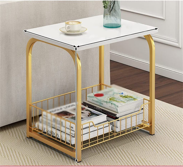 Coffee Table Side Table MDF Metal, with Storage Basket for Living Bedroom Table Laptop Desk Furniture for Living Side End Table for Living Room, Bedroom Office (Golden & White)