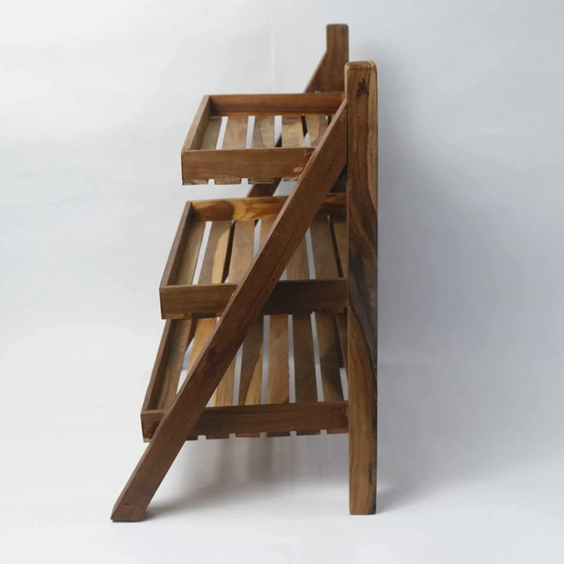 Wooden Bazar Solid Sheesham Wood 3 Tier Ladder Shape Book Shelf for Living Room (Natural Brown)