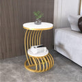 Farmhouse Accent Coffee Table Simple Modern Bedside Cabinet Small Round Table MDF Top Metal Table Living Room Sofa-Golden/White