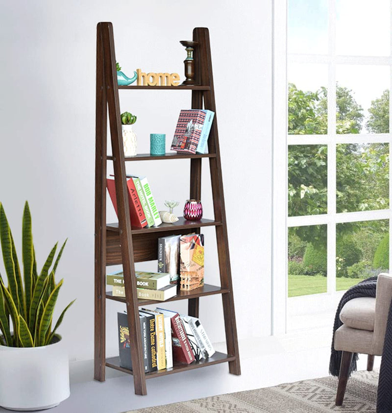 DeckUp Reno Engineered Wood Ladder Book Shelf and Display Unit (Walnut, Matte Finish)