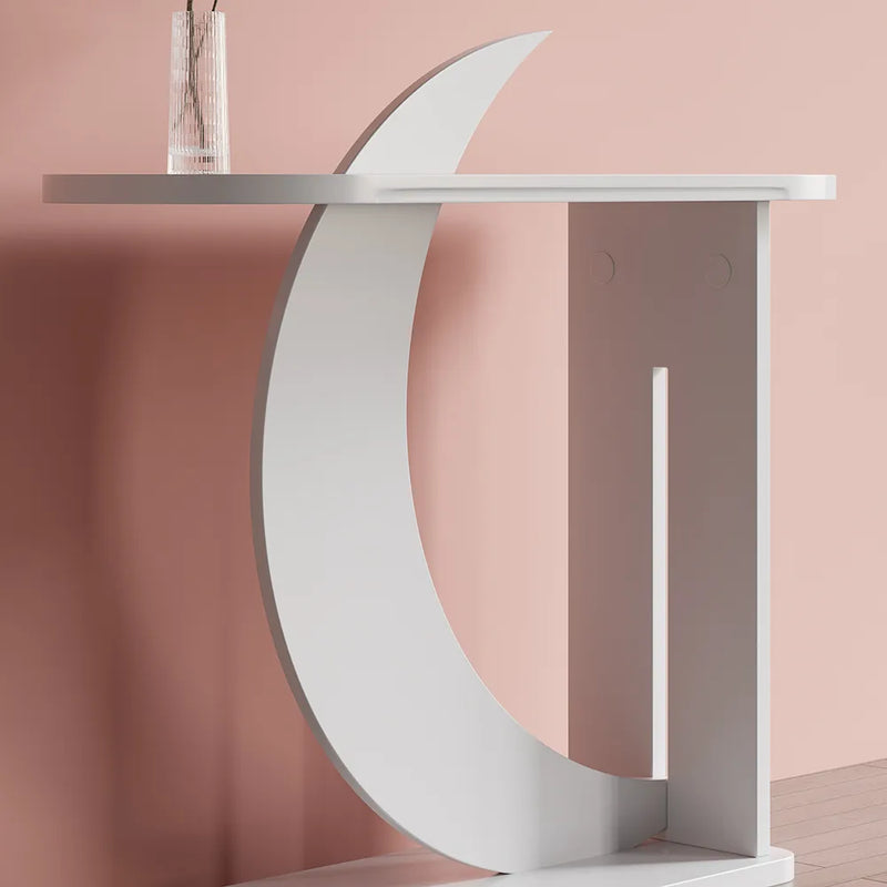 Wooden Bazar  White Moon Shape Console Table Rectangular Wood Entryway Table with Abstract Base