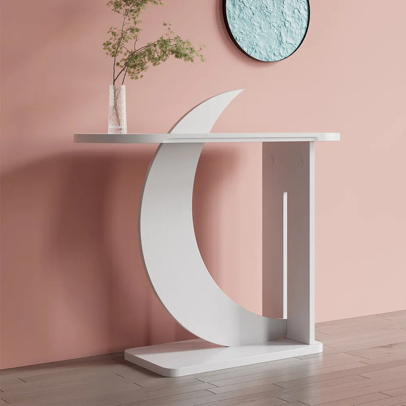 Wooden Bazar  White Moon Shape Console Table Rectangular Wood Entryway Table with Abstract Base
