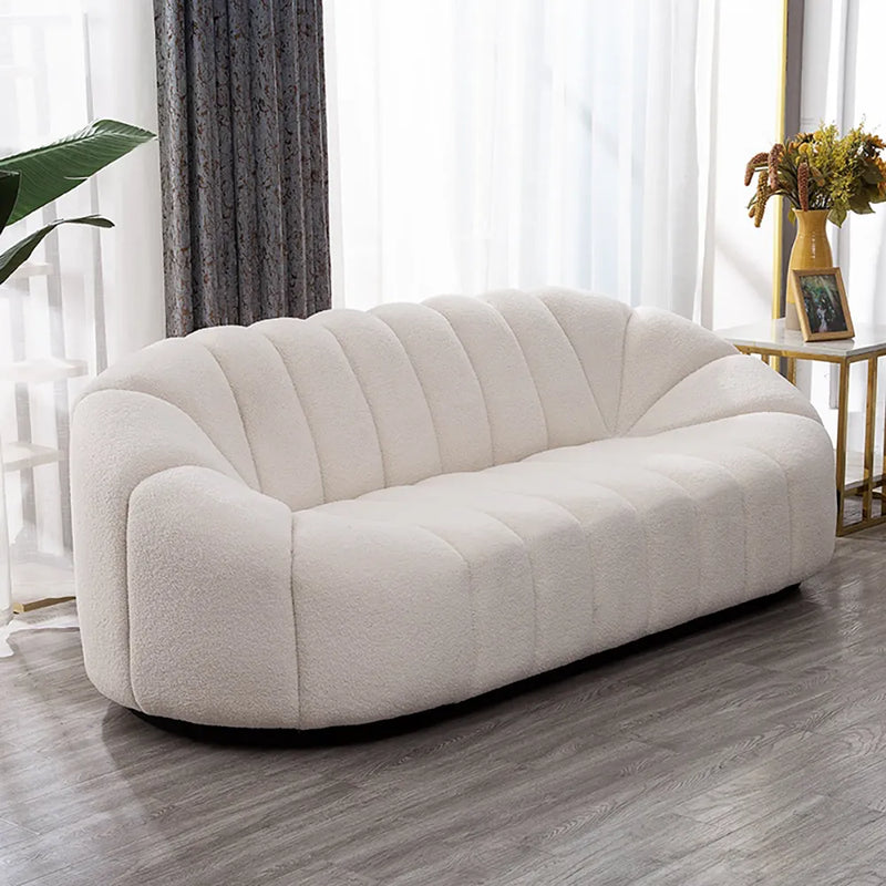 Wooden Bazar Modern Oval Boucle White Upholstered 3-Seater Sofa