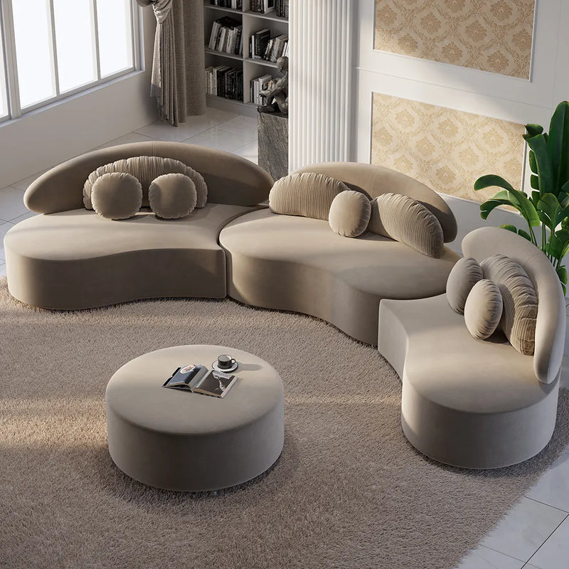Wooden Bazar 7-Seat Sofa Round Sectional Modular Beige Velvet Upholstered with Ottoman