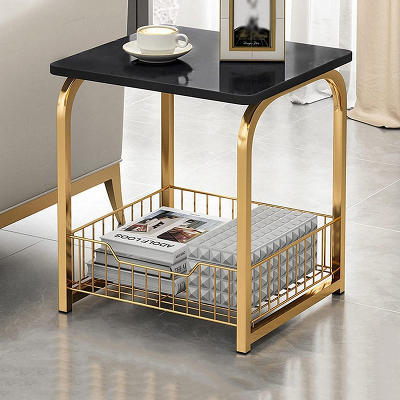 Coffee Table Side Table MDF Metal, with Storage Basket for Living Bedroom Table Laptop Desk Furniture for Living Side End Table for Living Room, Bedroom Office (Golden & White)