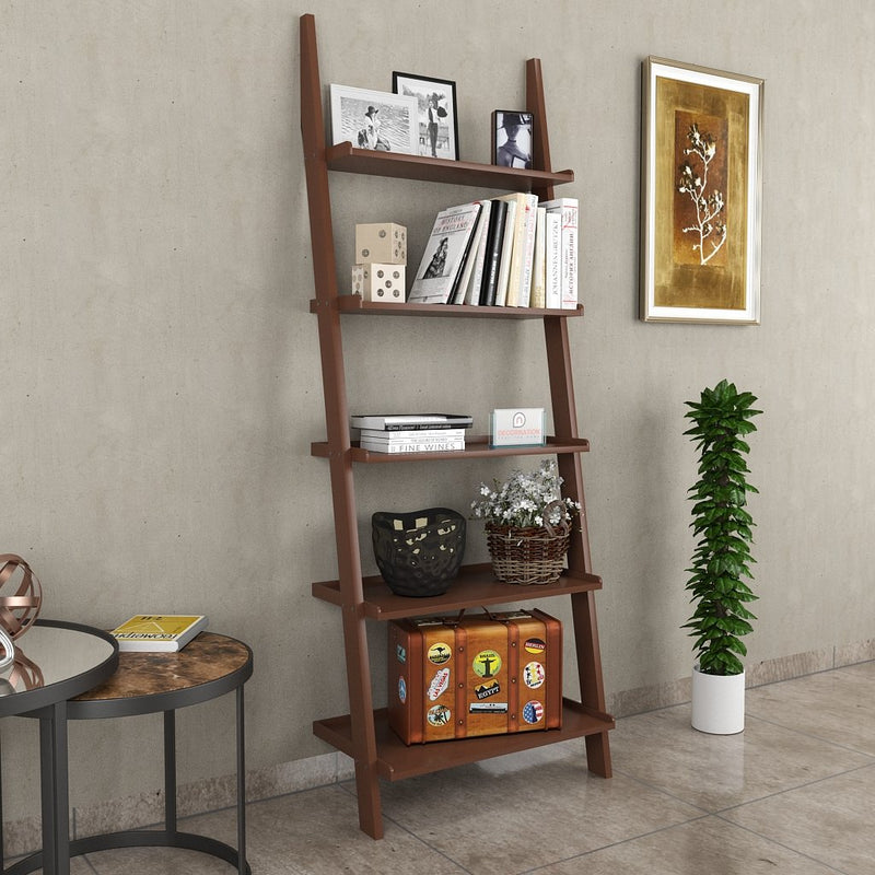 DecorNation Jasper Leaning Wall Bookcase Ladder Shelf & Room Organizer Storage Divider Wood Furniture- White