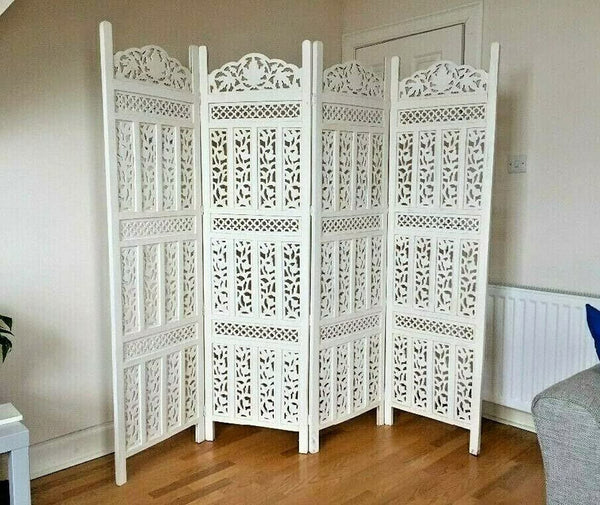 Wooden Bazar  Décor Wooden Partitions Wood Room Divider Partition for Living Room 4 Panels (White)