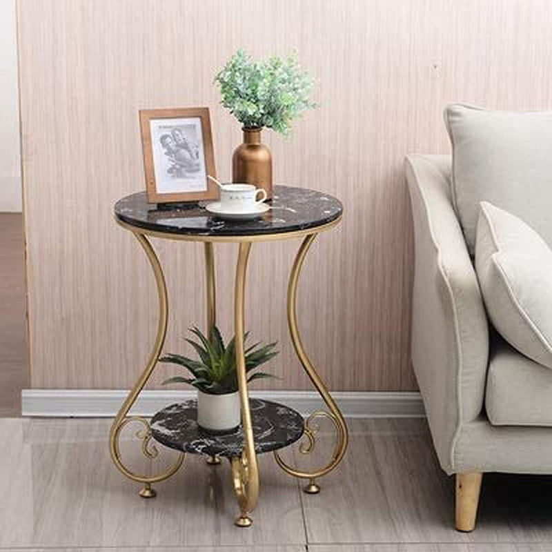 WOODISH Round Metal Side/End Table, in-Lay Top, Home Decor Accent Furniture for Living Room, Bedroom&Office .Golden&Black