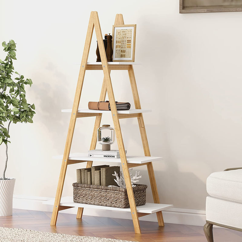 Tier Ladder Bookcase with Solid Bamboo Frame A Shape Multifunctional Display Shelf Ladder Shelf freestanding for Home Office，White/Wood (A-Frame Shelf)