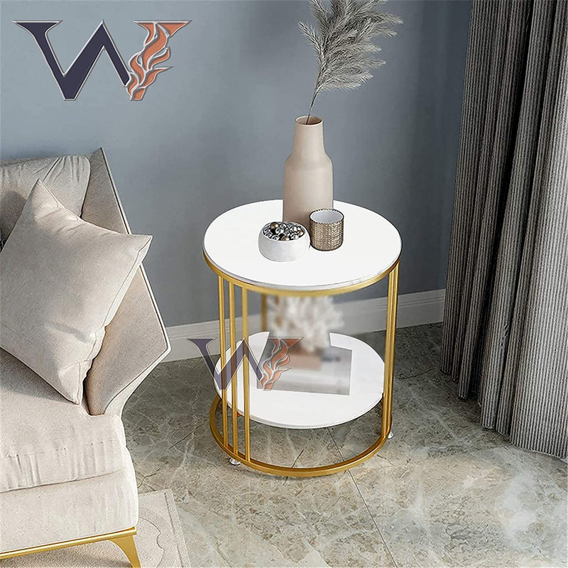 WUDIFY Round Metal Side/Coffe Table, in-Lay Top, Home Decor Accent Furniture for Living Room, Bedroom&Office Golden&White
