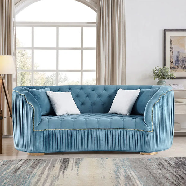 Wooden Bazar  Modern Blue Velvet Upholstered 3-Seater Sofa