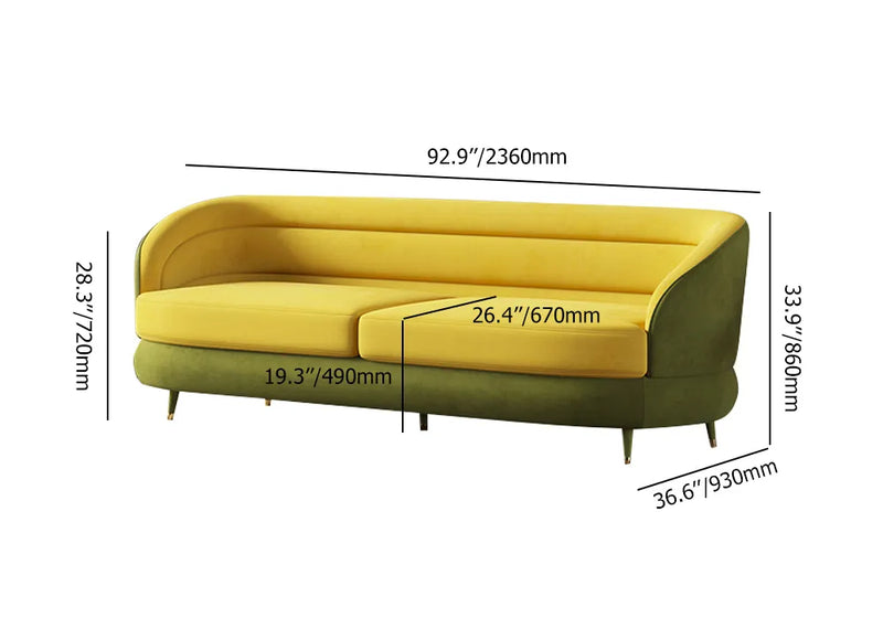 Wooden Bazar Yellow & Green Velvet Upholstered Sofa for 3 Seaters with Gold Legs