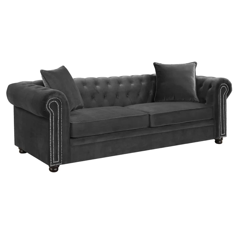 Avani 95'' Velvet Rolled Arm Chesterfield Sofa with Reversible Cushions
