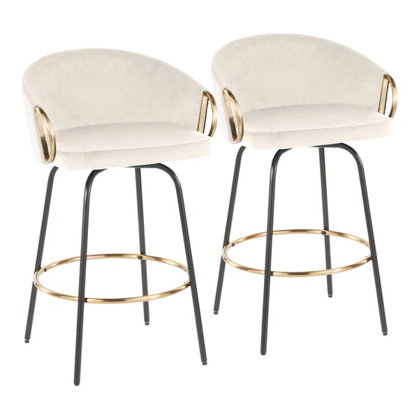 Wooden Bazar Claire 26" Contemporary/glam Fixed Height Counter Stool With Swivel In Black Metal And Cream Velvet With Gold Metal Accents  - Set Of 2 (Set of 2)