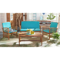 This balcony chair is crafted from solid acacia wood, and includes water-resistant cushions that are upholstered with a polyester blend, and can be removed and stored away when necessary.