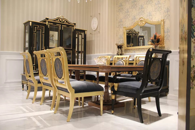 Luxury European classic wood furniture 8 seater dining room table set with Italy fabric chairs