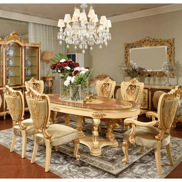 6 seaters oval shape wood carved antique dining table set
