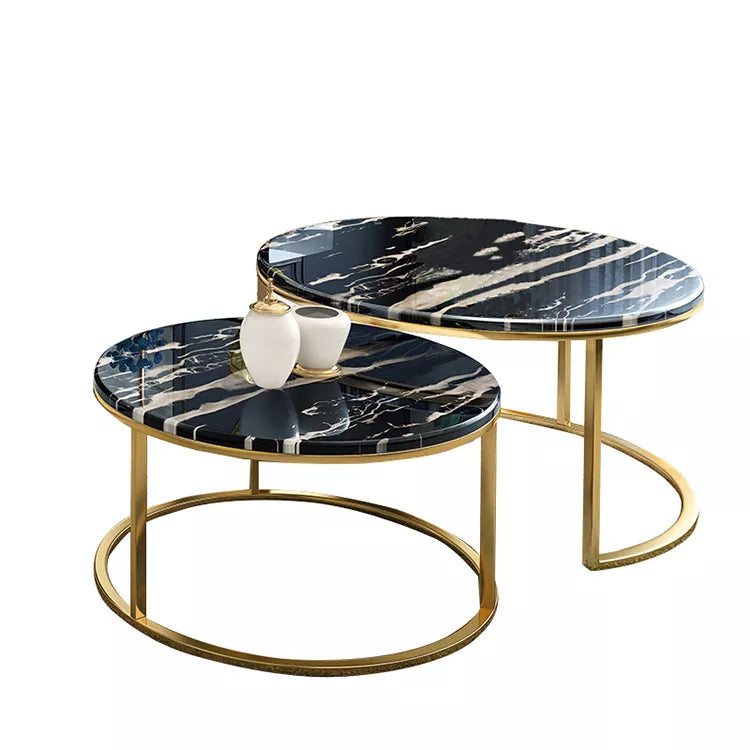 Wooden Bazar Round Marble Luxury Nested Coffee Table with Sleek Metal Frame