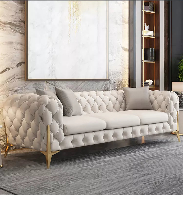 Modern Light Luxury Sectional Sofa Genuine Leather 3 Seater Chesterfield Couch for Home or Hotel