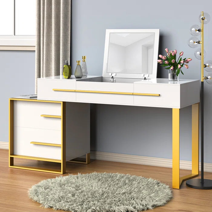 Wooden Bazar Wide Vanity with Mirror Vanity wooden dressing table design makeup modern corner mirrored dressing table