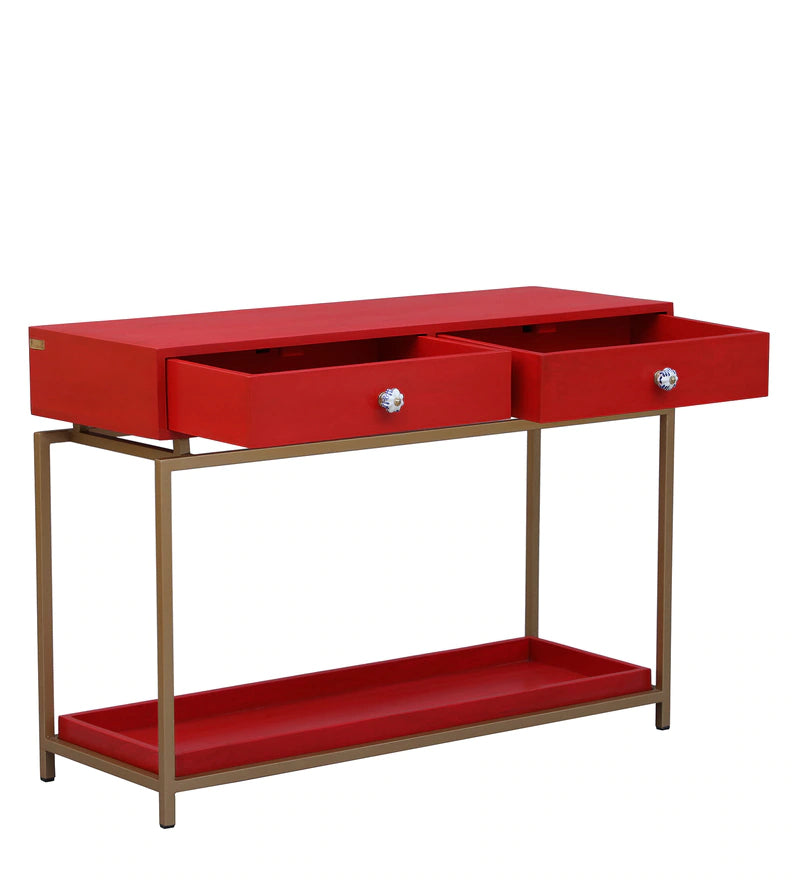 Alex Console Table in Red & Golden Finish