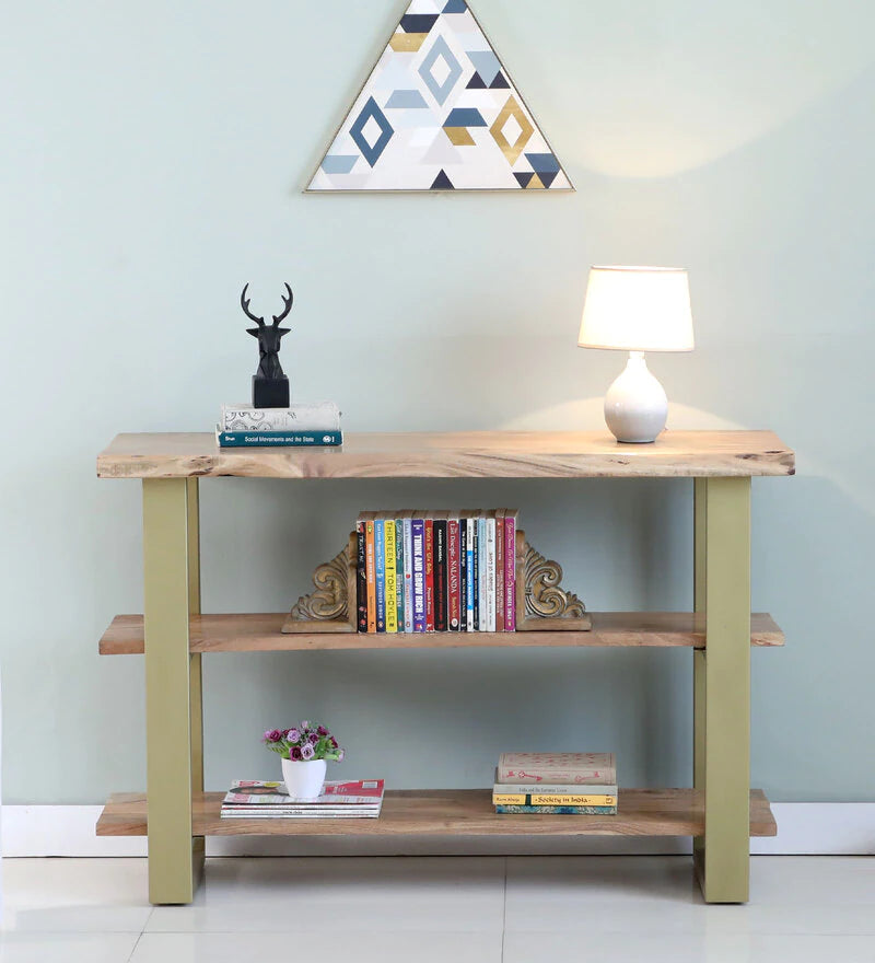 Alice Solid Wood Console Table In Natural And Gold Finish