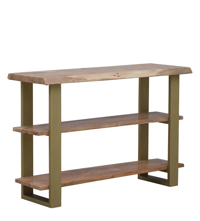 Alice Solid Wood Console Table In Natural And Gold Finish