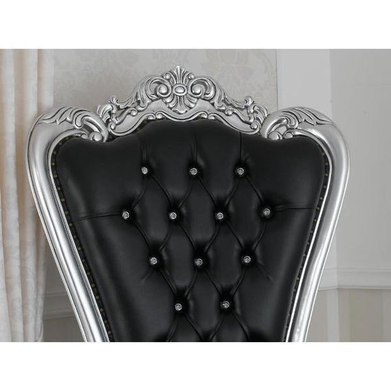Luxurious High Back throne Silver Leaf & Buttons Chair (Black)