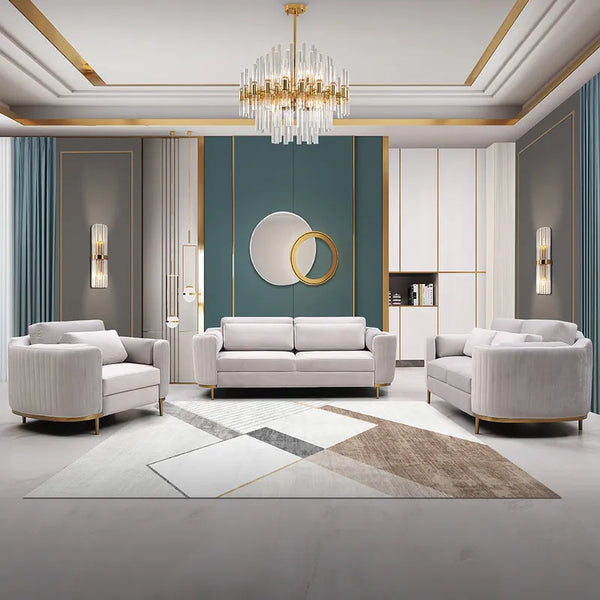 Wooden Bazar Modern Living Room Sets Gray Velvet Upholstered Chair & Loveseat & Sofa 3 Pieces